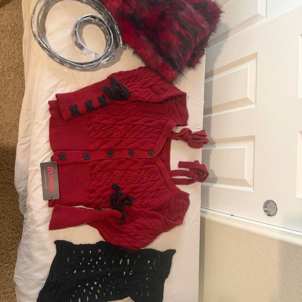 Romwe Red Cable Knit Cardigan Mesh Leg Warmers Belt Cosplay Outfit Set XS